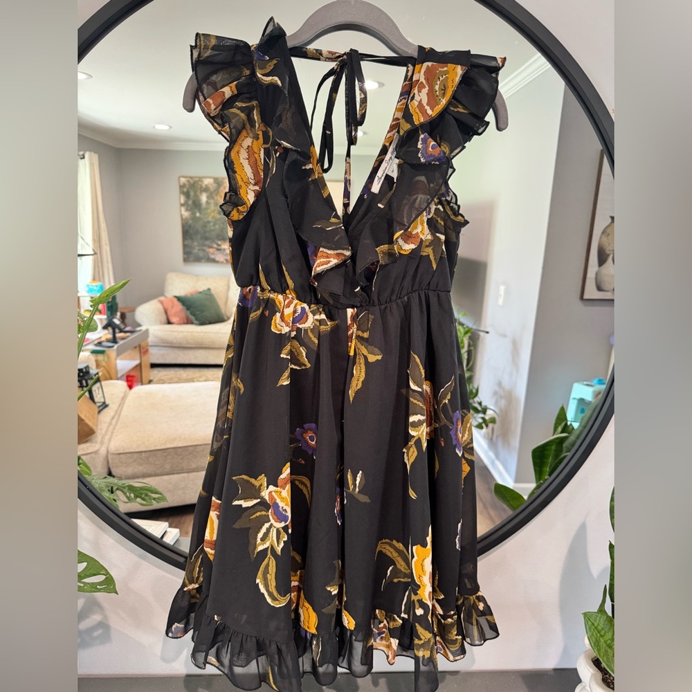 American Rag Black Floral Ruffle V-Neck Dress